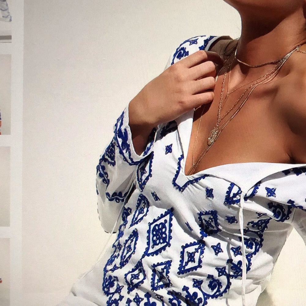 Royal blue and white embroidered dress